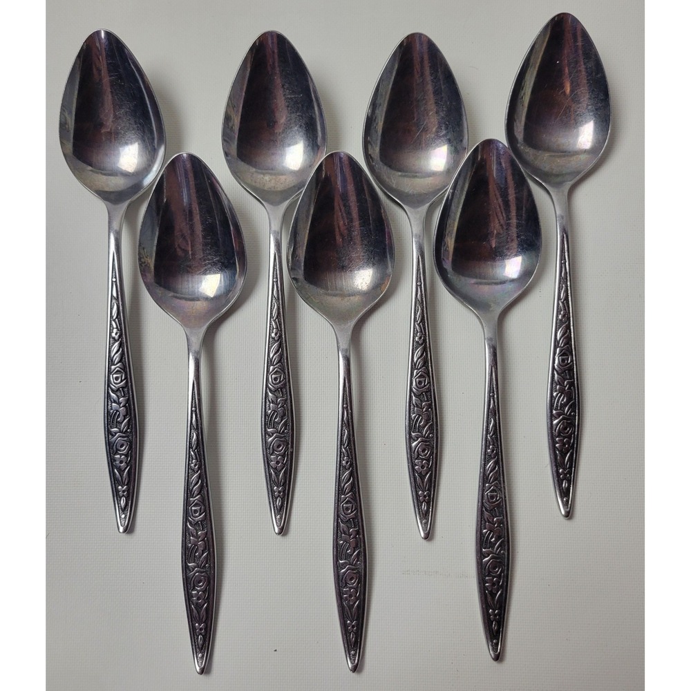 Vtg Ekco Eterna Santiago Stainless Place Soup Spoons Set of 7 Floral Rose Japan